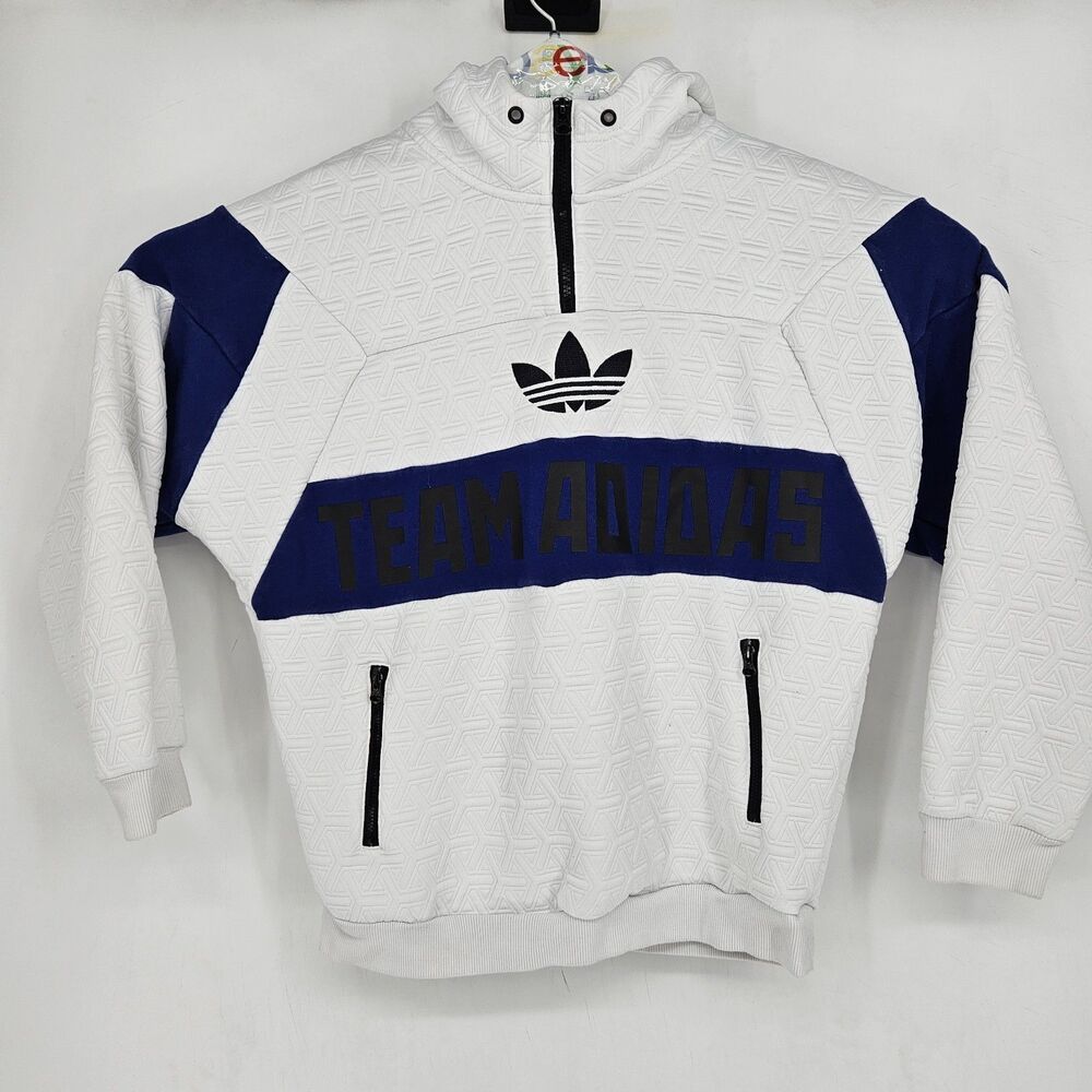 Adidas Originals Hoodie Womens Medium White Blue Archive Team 1/4 Zip Patterned‎